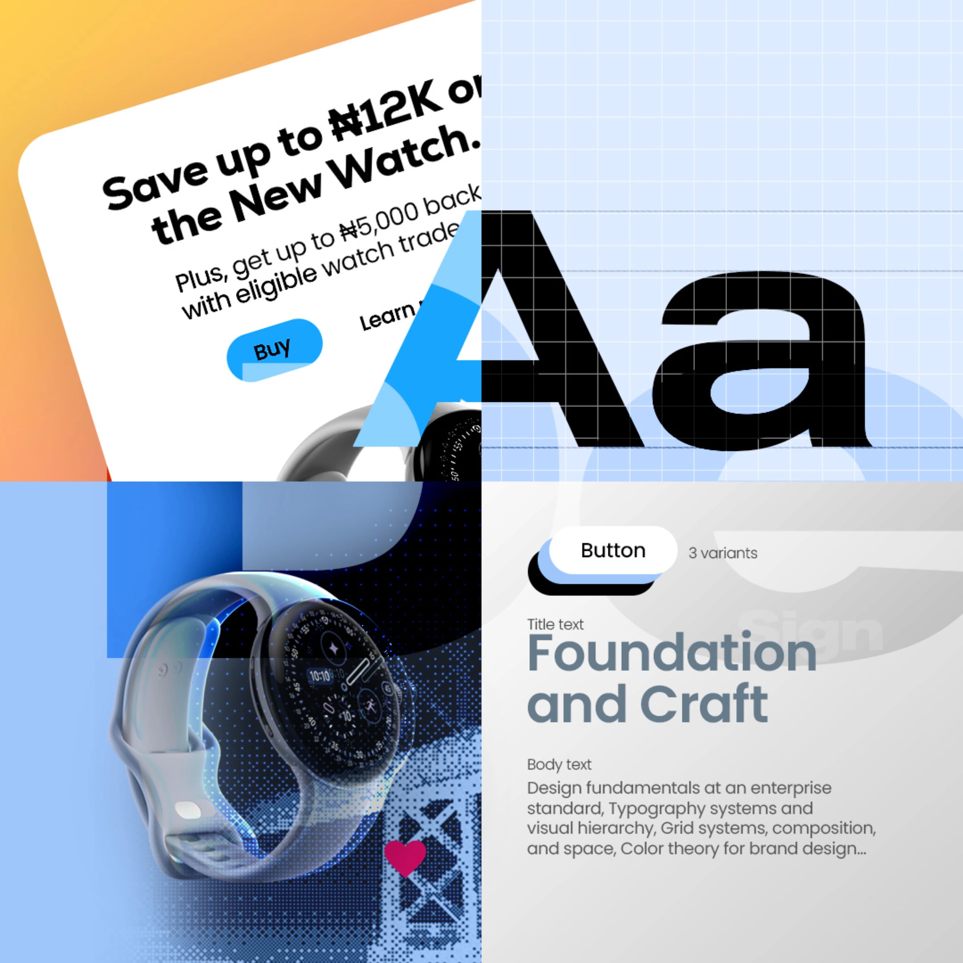 Design foundation curriculum materials showing typography systems, grid composition, and brand identity work produced during weeks one to four of the STRIDE Design Fellowship.